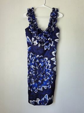 Maggie London Navy Blue Floral Ruffle-Trim Sleeveless Cocktail Dress Size 2